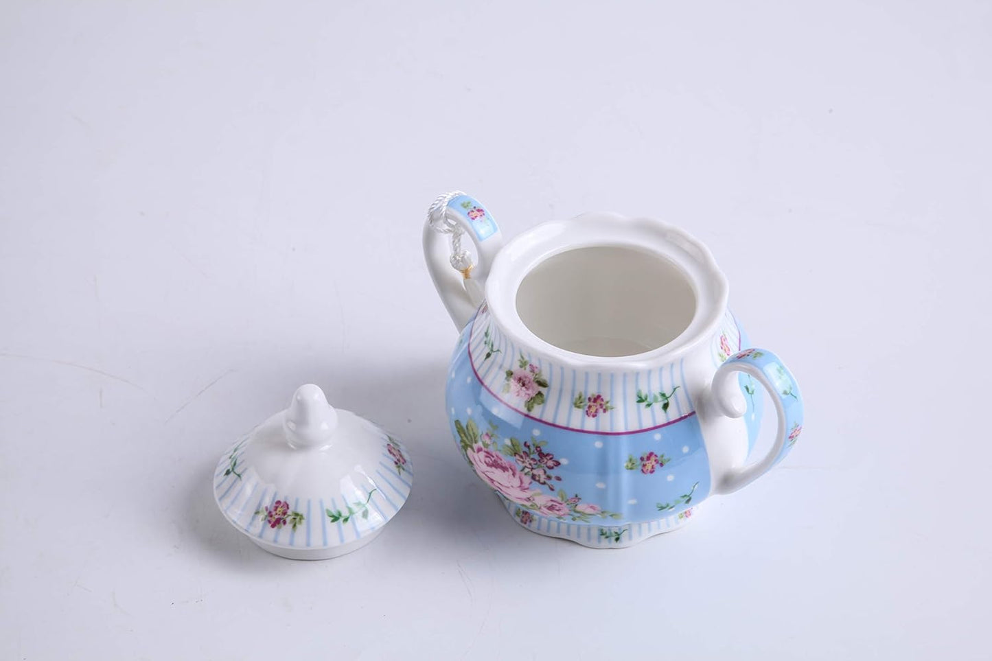 London Boutique Porcelain Teapot Sugar Bowl and Cream Milk Jug Shabby Chic Vintage Floral in Gift box 40oz (Cream & Sugar Set Rose Blue)