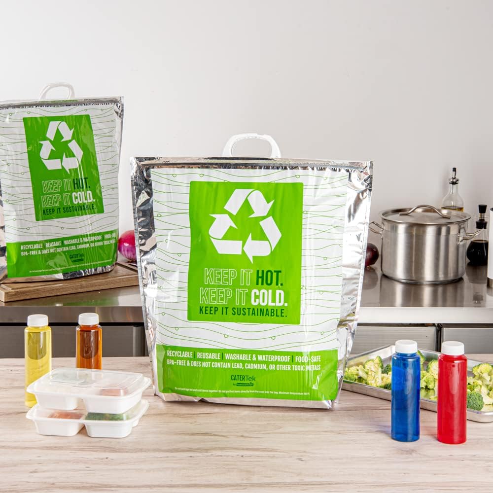 Restaurantware Cater Tek 20.1 x 7.1 x 20.1 Inch Hot And Cold Bags 10 Triple Layer Insulated Bags - Snap Lock Handles Waterproof Green & Silver Plastic Thermal Lunch Bags For Frozen & Hot Items