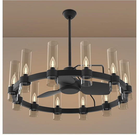 Black Ceiling Fans with 12 Lights Wagon Wheel Chandelier, 38 Inch Modern Farmhouse Fandelier, Quiet 6-Speed Reversible DC Motor, 1/2/4H Remote Timing for Living Room/Bedroom/Kitchen