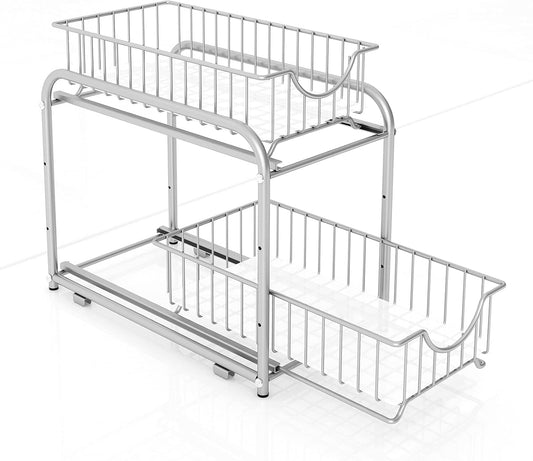AIYAKA under sink storage 2 Tier Stackable Sliding Basket Organizer Drawer For Kitchen And Bathroom/Cabinet Drawers,silver