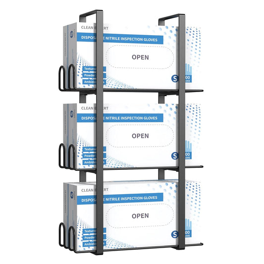 Glove Holder Dispenser for Wall Mount, Black Metal Disposable Latex Gloves Holder for Lab, Wall-Mounted Triple Rubber Box Holder, Tissue Rack for Kitchen and Garage