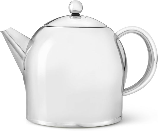 Santhee Double Walled Teapot, 1.4-Liter Stainless Steel Glossy Finish with Glossy Accents