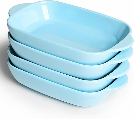 LEETOYI Ceramic Small Baking Dish 7.5-Inch Set of 4, Rectangular Bakeware with Double Handle, Baking Pans for Cooking and Cake Dinner (Turquoise)
