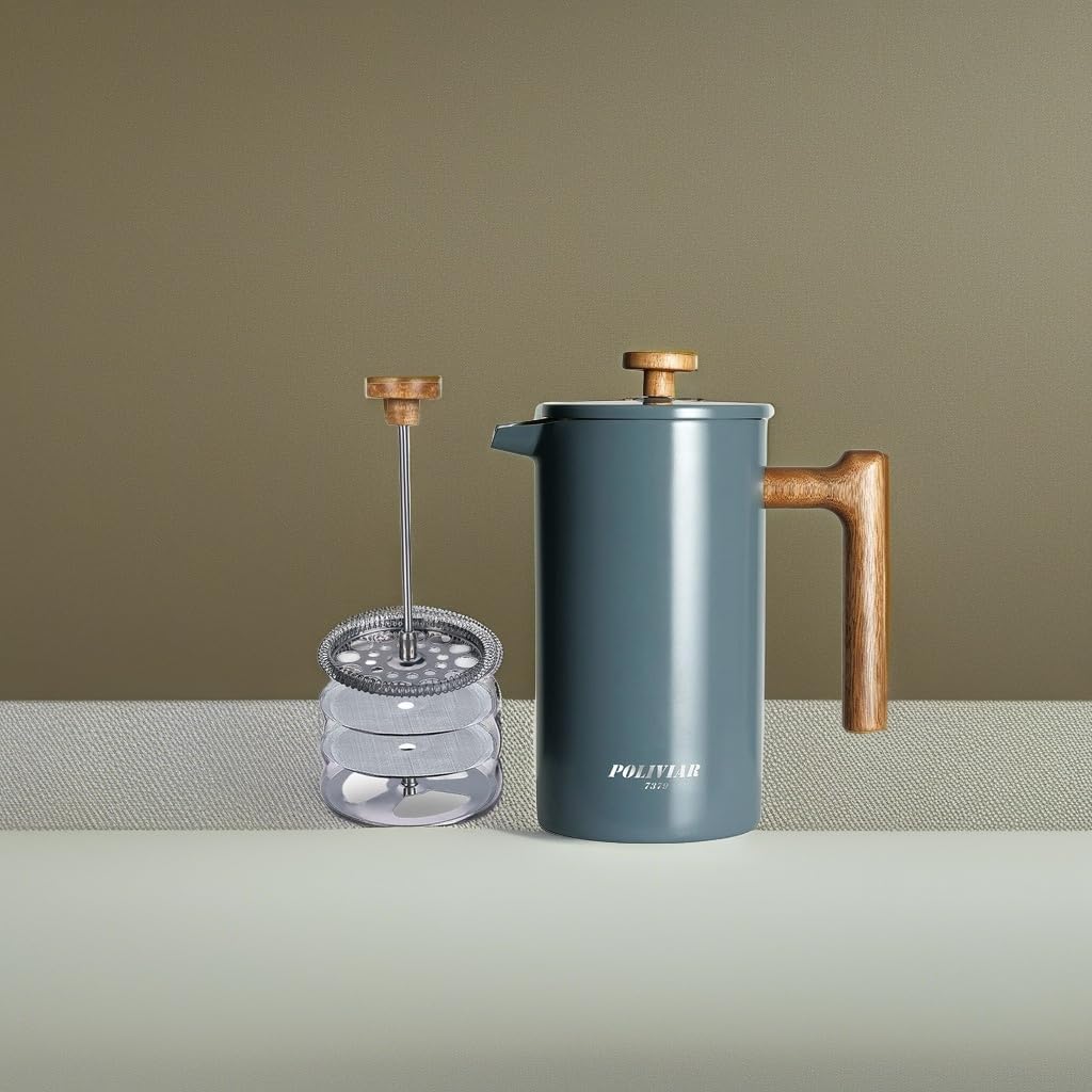 POLIVIAR French Press Coffee Maker, 34 oz Coffee Press with Real Wood Handle, Double Wall Insulation & Dual-Filter Screen, Food Grade Stainless Steel for Good Coffee and Tea (Alpline)