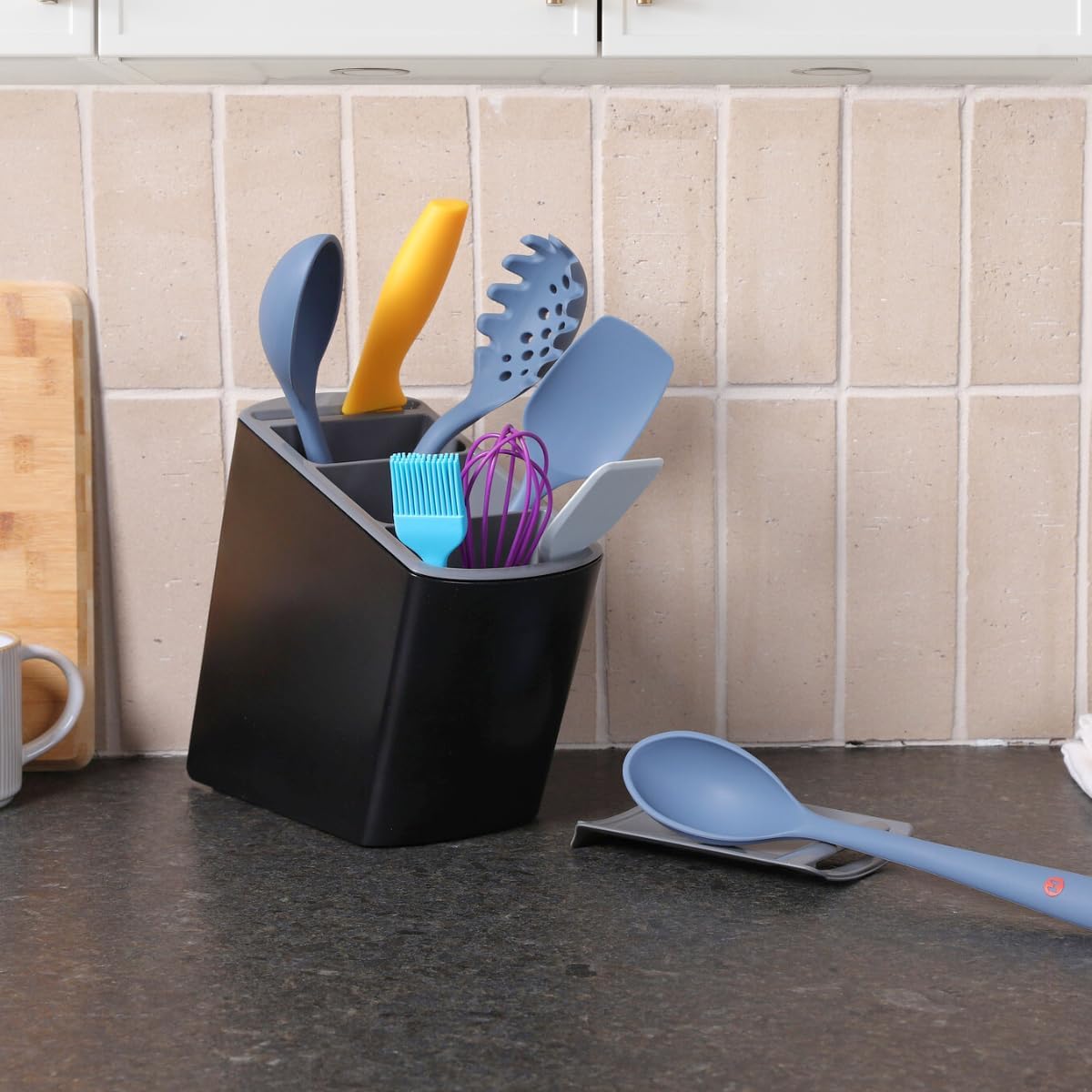 Angled Utensil Holder for Countertop | Modern Utensil Caddy Fits All Size Utensils with Knife Holder | Under Cabinet Kitchen Tool Organizer | Space-Saving Cooking Utensil Holder | Built-in Spoon Rest