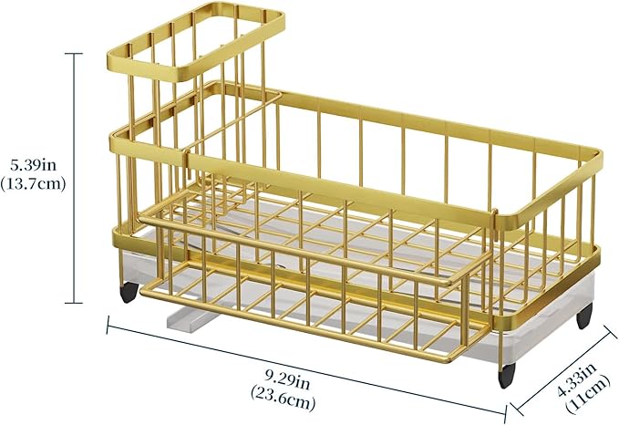Consuemst Sponge Holder for Kitchen Sink - Auto Draining Sink Caddy Organizer with Detachable Rack, High Brush Holder, Kitchen Countertop Storage Accessories, Gold