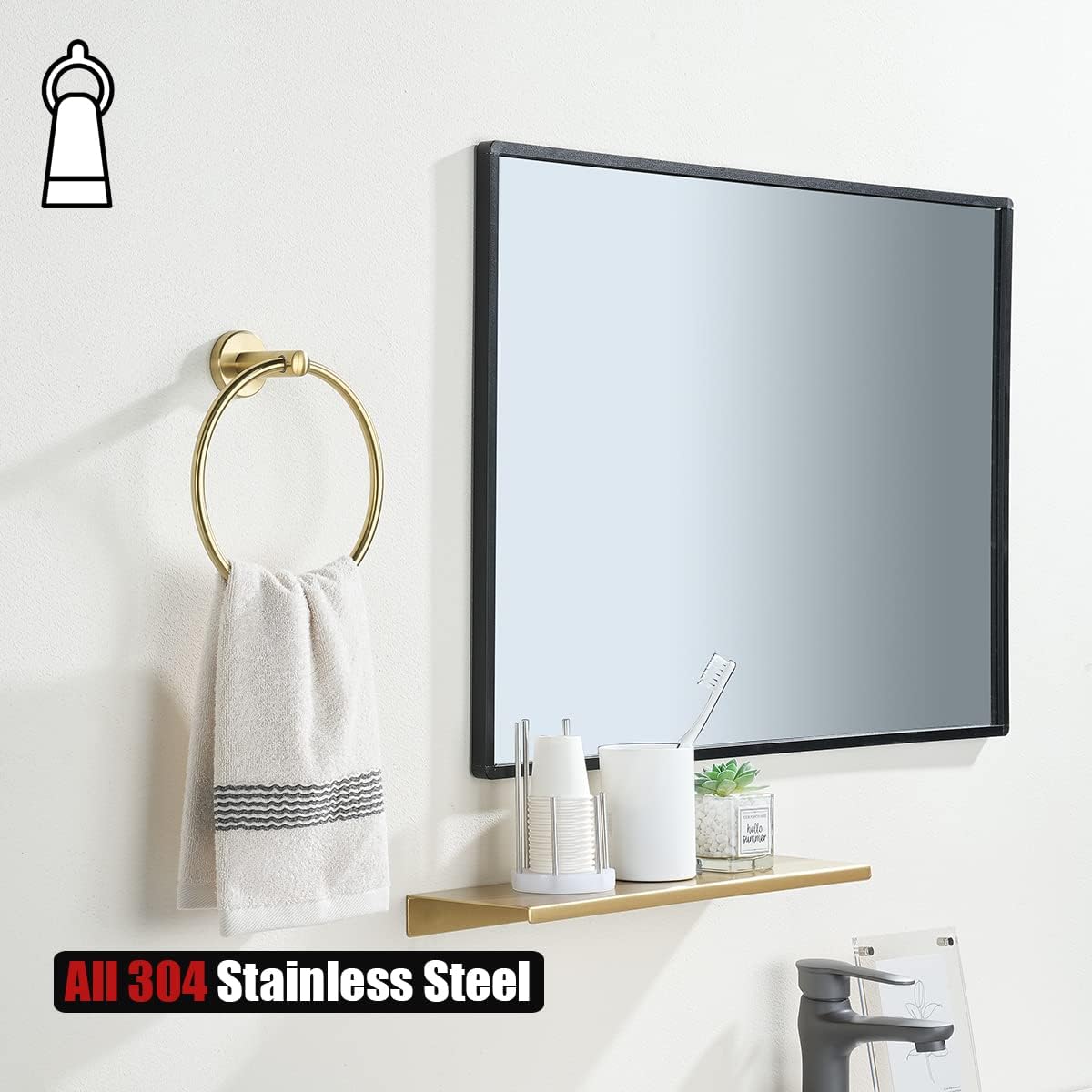 JQK Towel Ring Brass Gold, 304 Stainless Steel Hand Towel Holder for Bathroom, Brushed Gold Wall Mount, TR130-BG