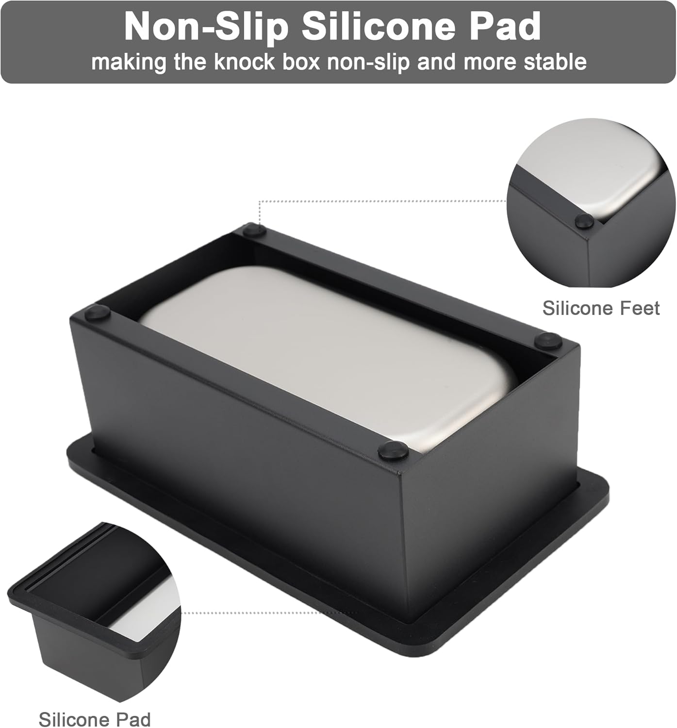 Espresso Knock Box, Coffee Knock Box for Espresso Grounds Disposal, Large Capacity, Equipped with Noise Reduction Rubber Ring & Steel Holder, Ideal Tool for Espresso Machines, Black (Large)