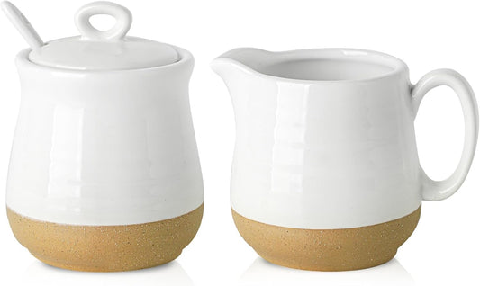 Hasense Ceramic Sugar and Creamer Set, 3 Piece Coffee Serving Set with Cream Pitcher, Sugar Bowl, Lid & Spoon, 10 Ounce Sugar and Creamer Set for Coffee Bar, Perfect for Wedding Gift (White)