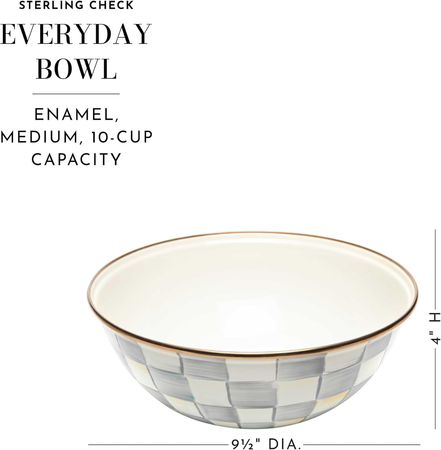 MACKENZIE-CHILDS Enamel Everyday Bowl, Serving Bowl for Entertaining, Medium, Gray-and-White Sterling Check, Set of 1