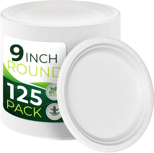 125 PCS 100% Compostable 9 in Paper Plates, Heavy Duty Disposable Plates, Eco Friendly Dinner Plates, Biodegradable Plates Made of Sugarcane Fiber