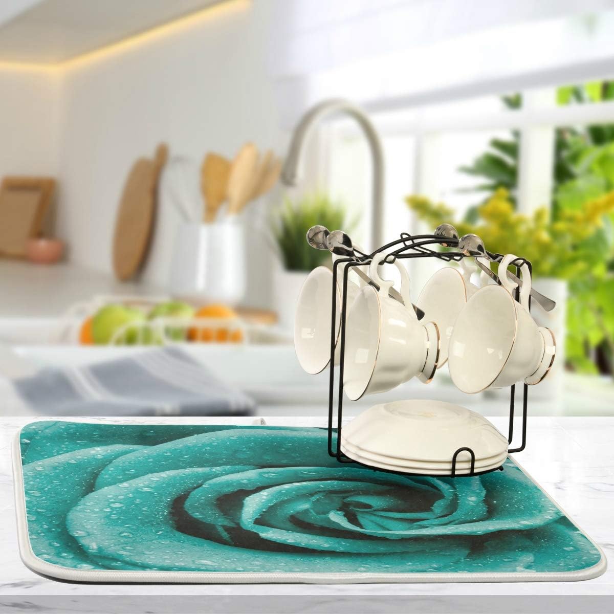 Super Absorbent Dish Drying Mat, Microfiber Fast-Drying Dish Mat, 24" x 18", Kitchen Dish Drying Pad Hipster Turquoise Rose Petals