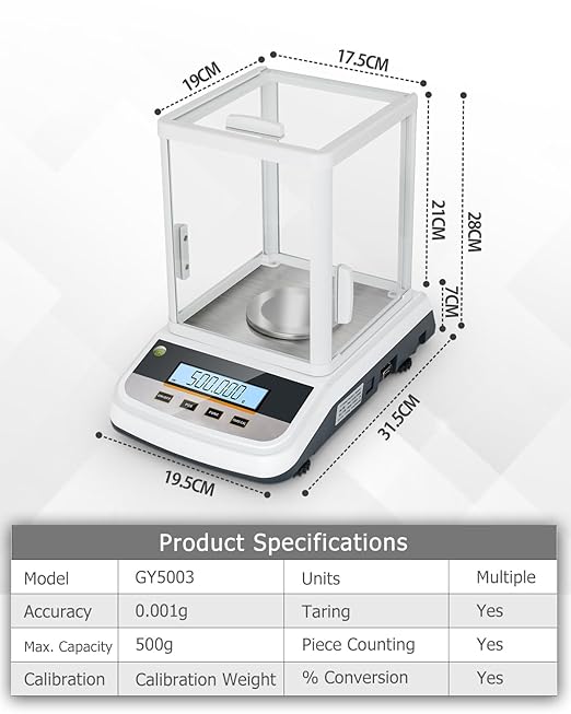500g Analytical Lab Balance with 0.001g Ultra-Precision, Digital Scale Multi-Functional Units Plug-in Exclusive 500g Weight - Ideal for Laboratories, Research, Industrial, Kitchen, Food, Jewelry