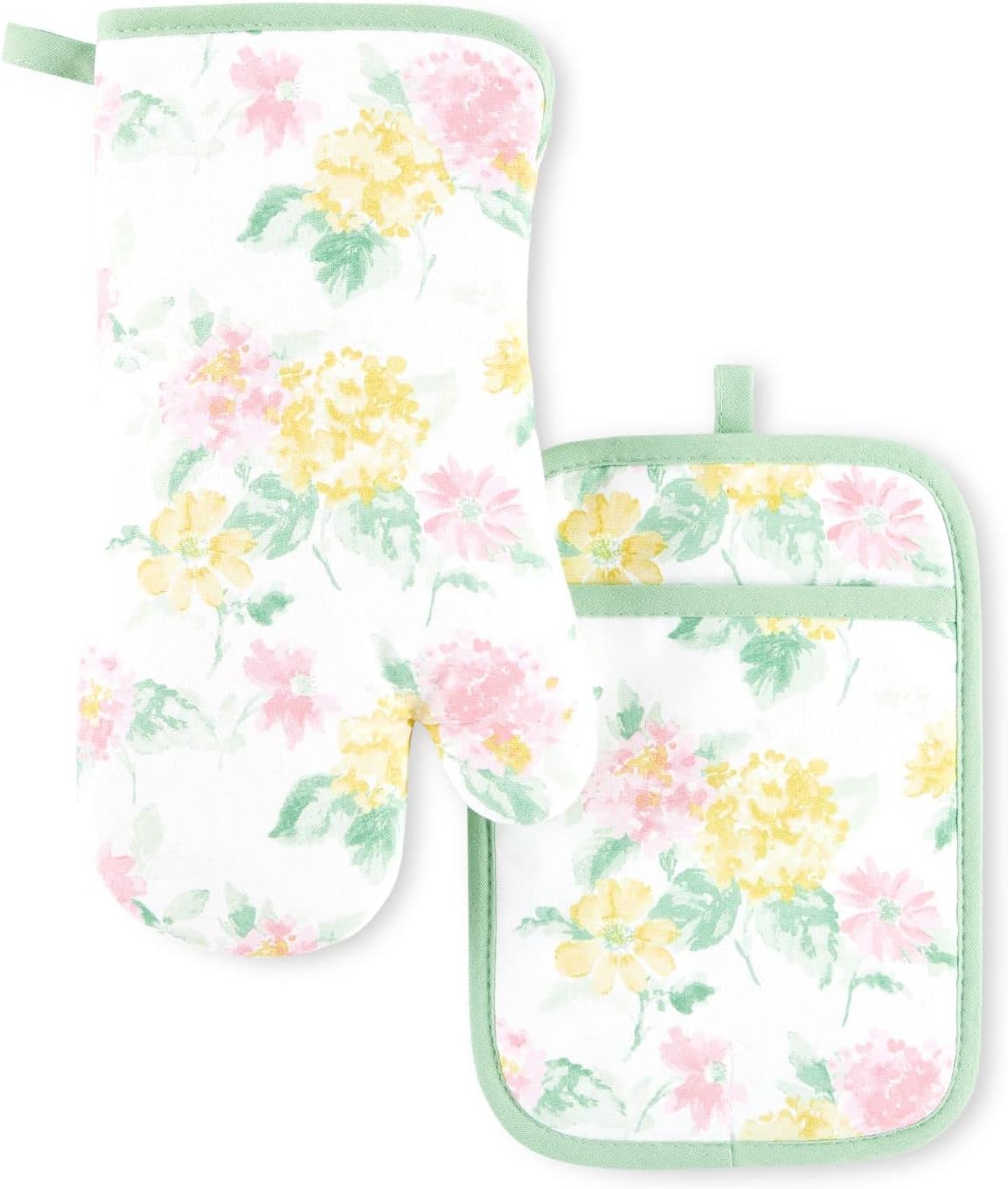 Martha Stewart Amber Floral Oven Mitt & Pot Holder Set 2-Pack, Pink/Yellow, OM: 7"x13" & PH: 7"x10"