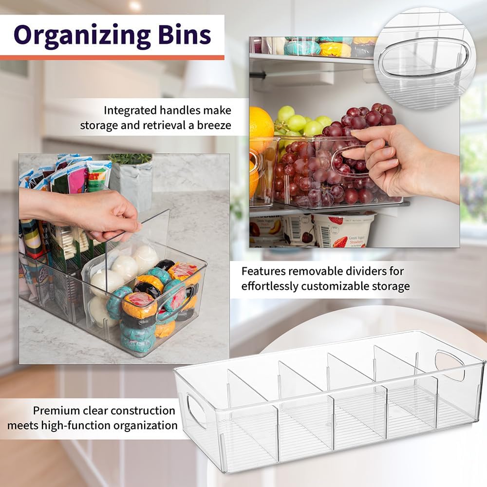 ClearSpace Plastic Pantry Organization and Storage Bins with Removable Dividers – 4 Pack XL Perfect Kitchen Organization or Kitchen Storage – Refrigerator Organizer Bins, Cabinet Organizers
