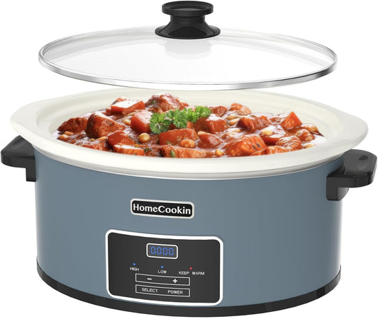 HOMECOOKIN 7-Quart Programmable Slow Cooker with Timer Keep Warm - Small Kitchen Appliance for Family Dinners - Serves 6+ People (Blue)