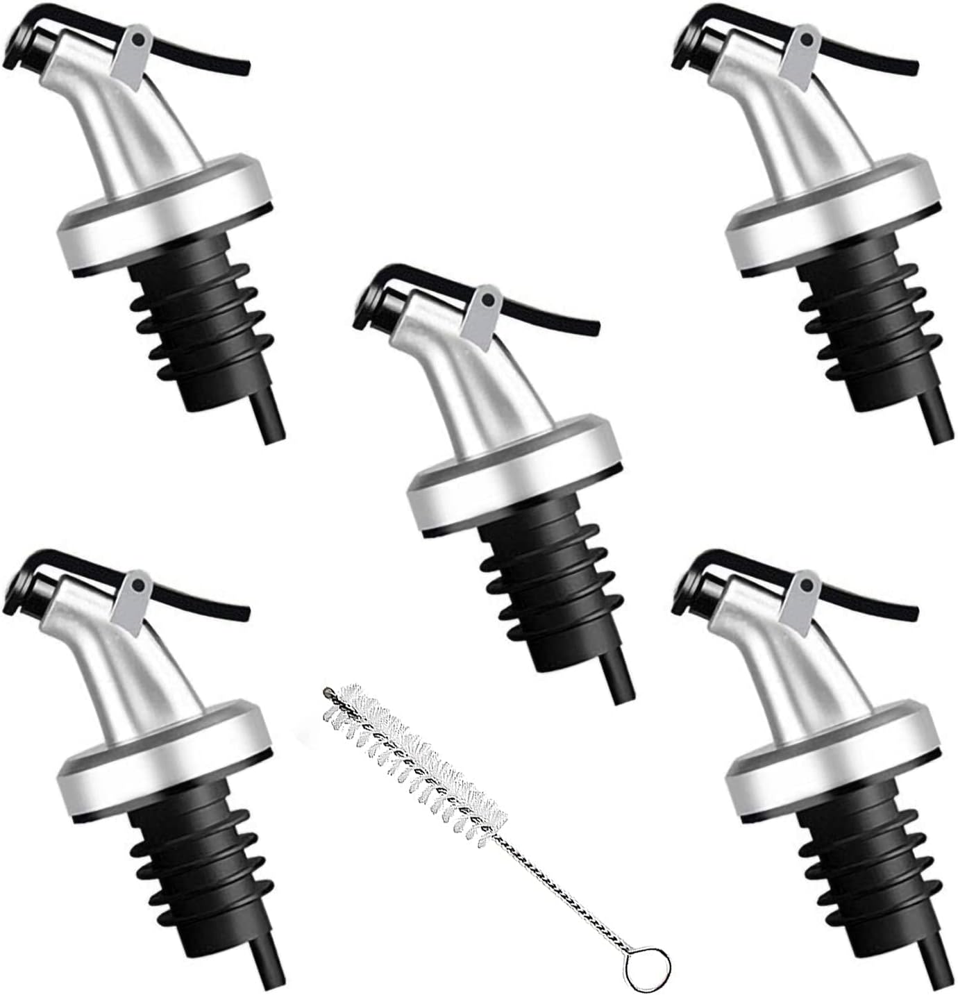 5 Pack Oil Spouts, Olive Oil Vinegar Bottle Stopper Dispenser with Tube Brush, Leakproof Bottle Spouts for Salad, Sauce, Soy, Etc