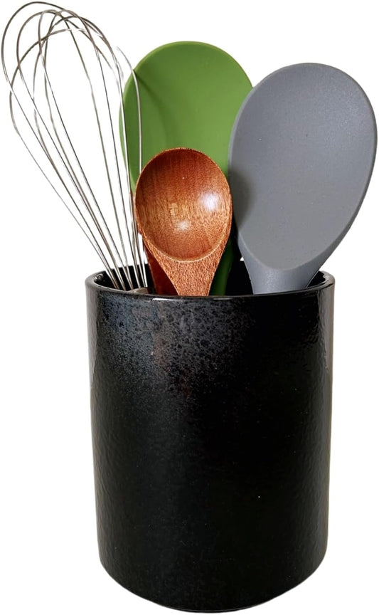 Medium Stoneware Kitchen Utensil Holder for Kitchen Counter Short Cooking Utensil Holder for Countertop Spatula Holder Small Utensil Crock Cutlery Holder Silverware Caddy Flower Vase (Retro Black)
