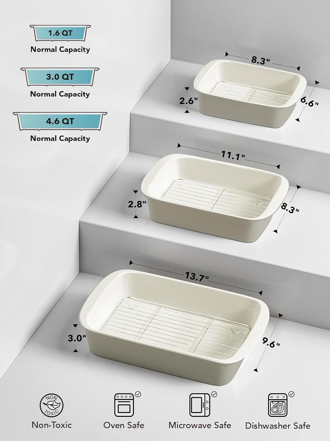 LE TAUCI Deep Casserole Dishes for Oven, 13.7”x9.6” Ceramic Baking Dish Set with Roasting Racks, Large Lasagna Pans with Handles, Rectangular Bakeware as Gift for Mom, Oatmeal Greige (4.6QT/3.0QT/1.6QT), Set of 3