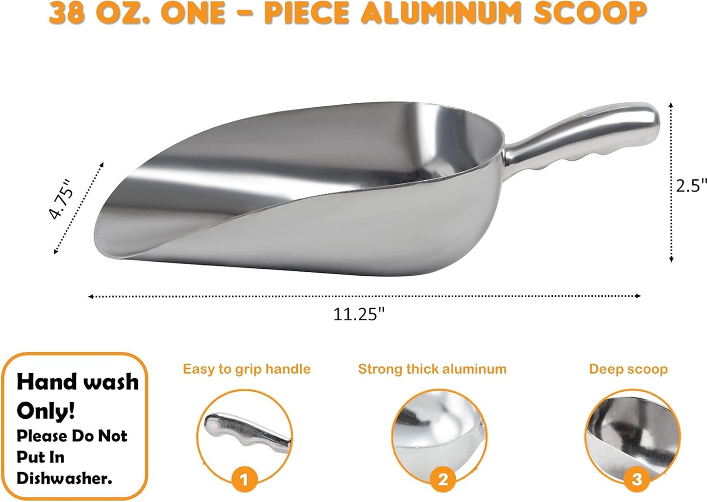 Cast Aluminum Utility Scoop - 38 oz. - Round Bottom, ice scoop For Multi-Purpose Use, With Finger Groove Handle (38 oz.)