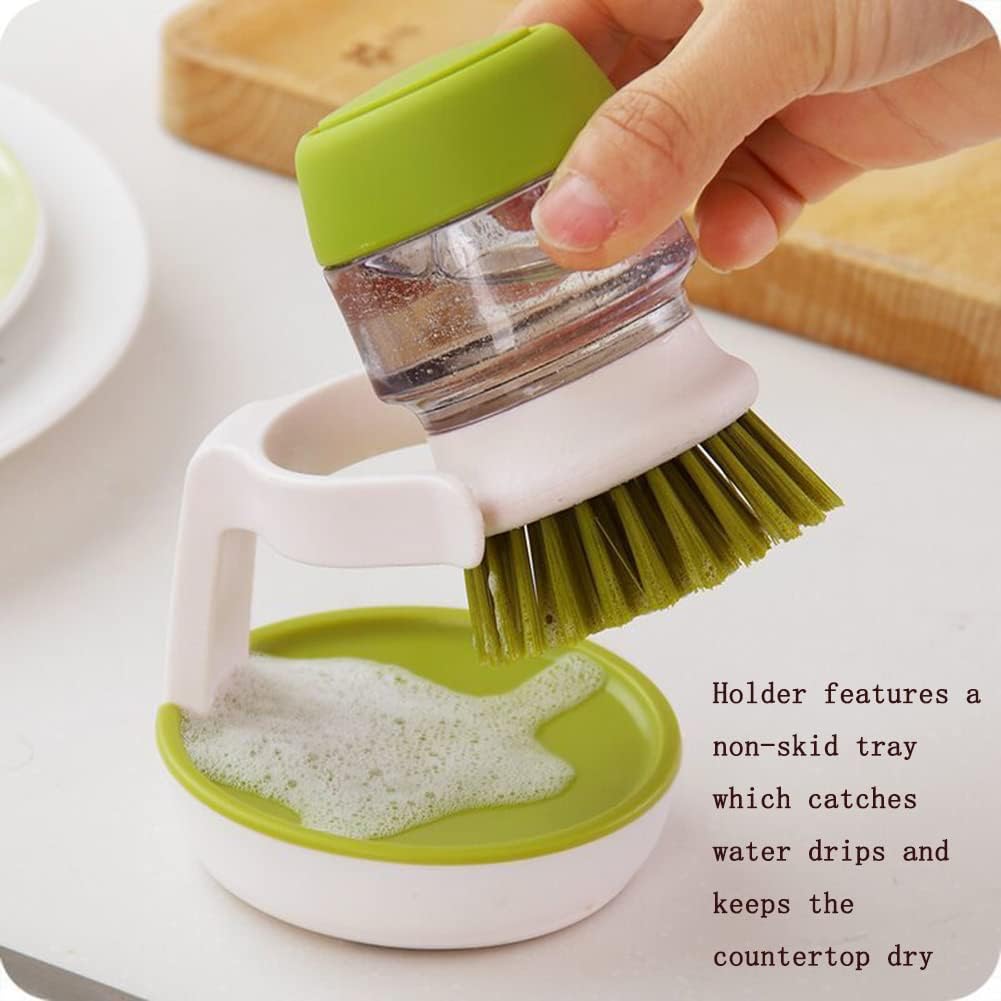 Dish Brush with Soap Dispenser, Dishwashing Kitchen Scrub Brushes Dish Scrubber with Holder Drip Tray, for Cleaning Pan, Pot, Sink