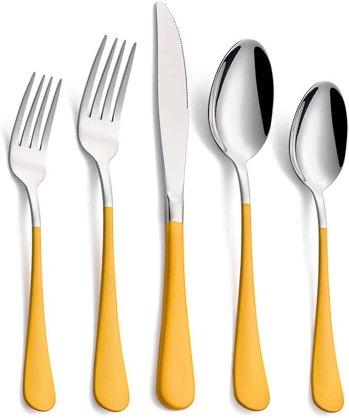 20-Piece yellow Silverware Set, 18/0 Stainless Steel yellow Handle Flatware Set, Service for 4, Modern Cutlery Set Includes Dinner Knives Forks Spoons, Mirror Polished, Dishwasher Safe