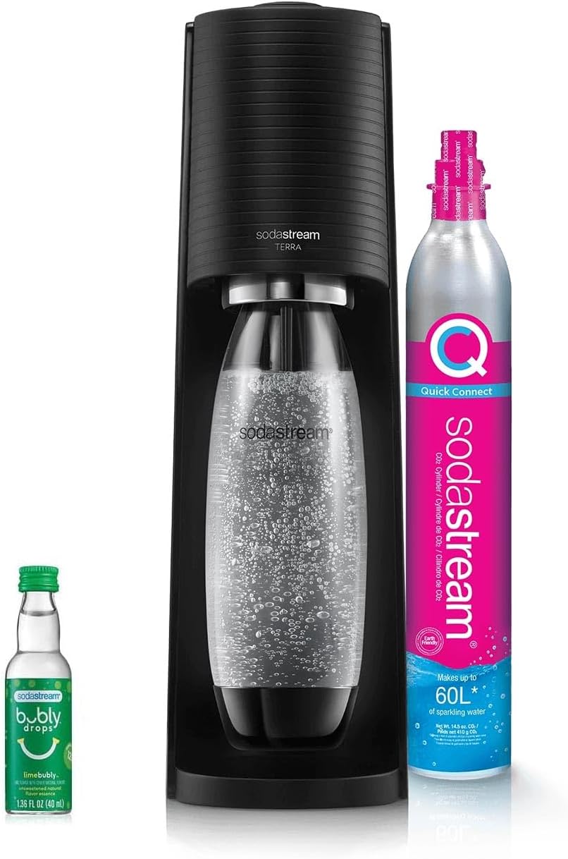 SodaStream - Terra Soda Streaming Machine - STARTER KIT - Sparkling Water Maker with CO2 & Bubly Drop - Eco-Friendly, No Batteries Needed - Black
