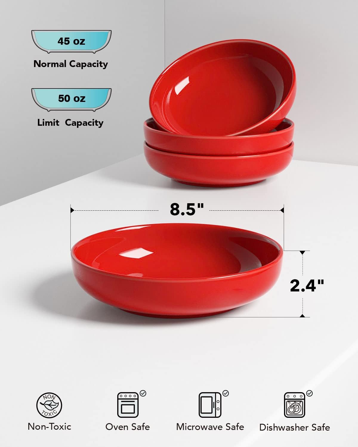 LE TAUCI Pasta Bowls 45 oz, Salad Bowls Set for Serving Soup, Pasta, Noodle, Dinner, Large Kitchen Bowl Plates, Microwave Safe - 8.5 Inch, Set of 4, Red