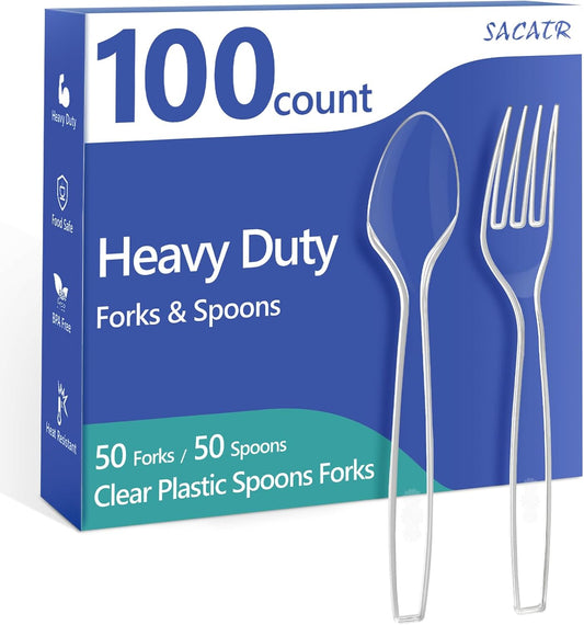 100 Count Plastic Silverware Heavy Duty -50 Forks, 50 Spoons, BPA-Free, Heat Resistant, Disposable Plastic Utensils Set, Plastic Cutlery Set, Plasticware Suitable for Party Everyday Use
