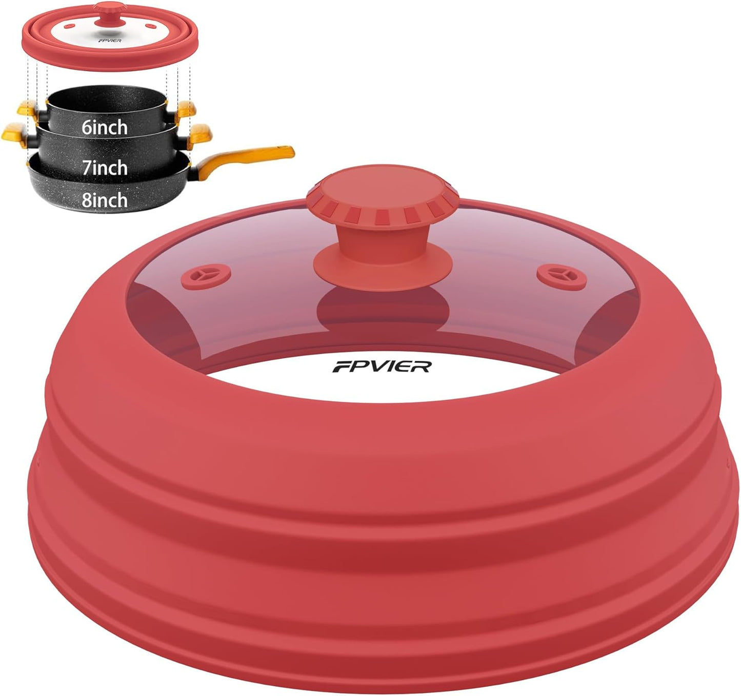 Collapsible Microwave Splatter Cover - Vented Silicone & Glass Lid with Easy-Grip Handle, Fits 6 to 8 Inch Plates & Bowls, 9 Inch Diameter, Prevents Splatters & Ensures Even Heating