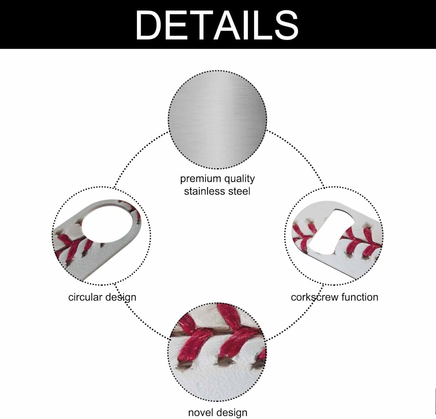 Baseball Stitching Stainless Steel Bottle Opener White Red Training Leather Ball Softball Texture Flat Beer Bottle Opener Keychain for Home Kitchen Bar Restaurant Party Birthday Gift