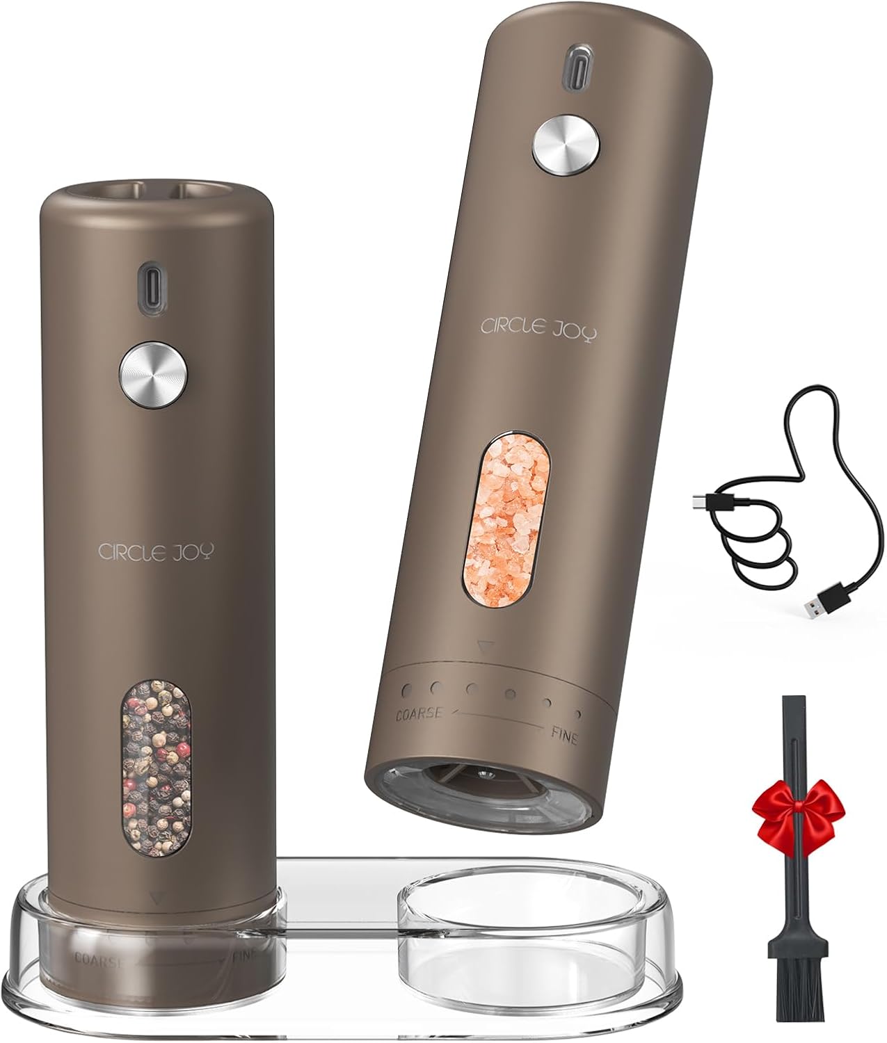 CIRCLE JOY Rechargeable Electric Salt and Pepper Grinder Set with Base, Automatic Pepper Mills with 110ml Container, External Adjustable Coarseness, White Led Light and One-Handed Operation, Brown