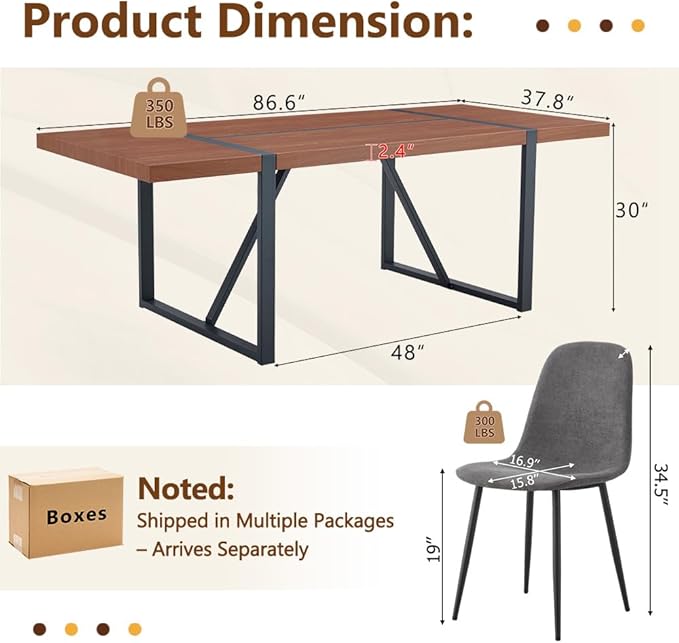 86.6" Dining Table Set for 6, Modern 7 Piece Wood Kitchen Table and Chairs Set, Rectangle Dining Room Table with 6 Linen Fabric Upholstered Chairs, Ideal for Apartment, Kitchen, Dining Room