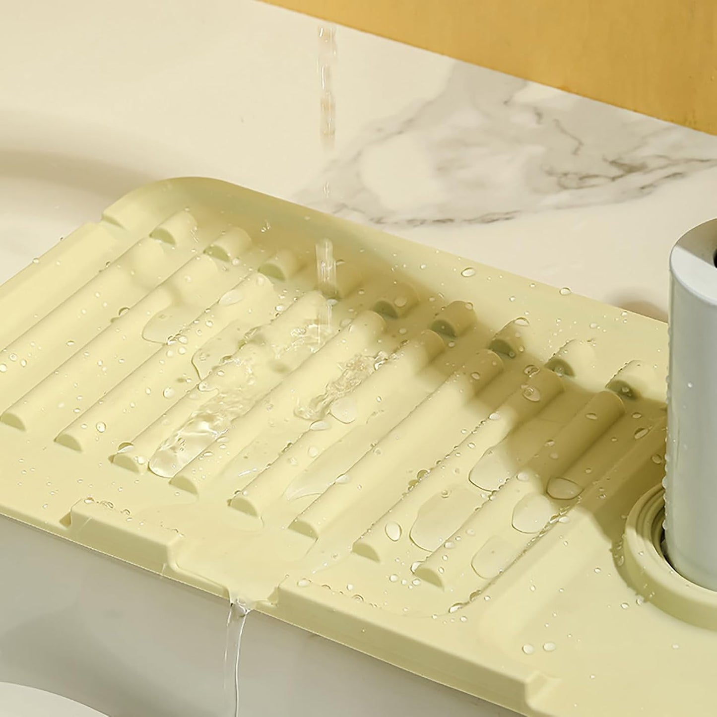 Faucet Mat for Kitchen Sink - 2024 Upgraded Premium Silicone Splash Guard with Fast Drying Properties - Protective Sink Tray Ideal for Stone Sinks in Kitchen & Bathroom (2, Beige)