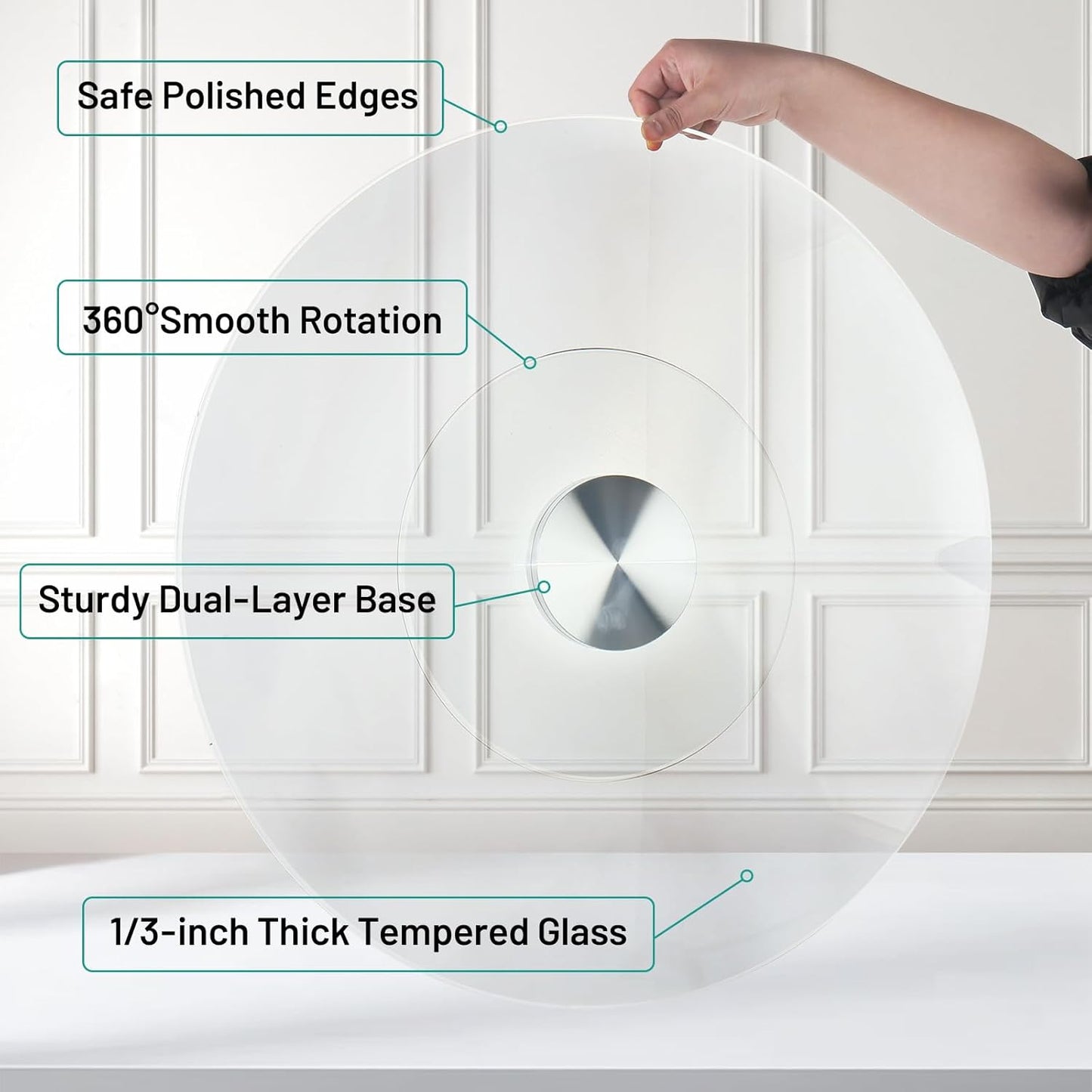 40-Inch Lazy Susan Turntable for Dining Table, Tempered Glass, 360° Rotation, Anti-Tip Design with 6 Rotating Wheels, Perfect for Parties, Weddings, and Family Dinners (40 inch)