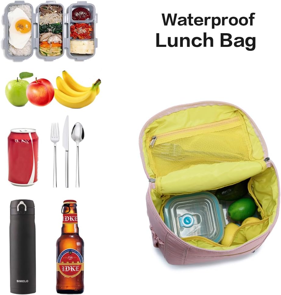 NOL Natural Organic Lifestyle Insulated Lunch Bags for Women Cooler Bag Lightweight Nylon Waterproof Lunch Box For Work (Pink, Large)