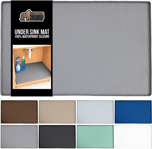 GORILLA GRIP Waterproof Silicone Under Sink Mat with Raised Lip for Kitchen and Bathroom, Cabinet Shelf Liner Stay in Place Mats Dishwasher Safe Drawer Liner, Organizer Tray, 19 x 22 in, Gray