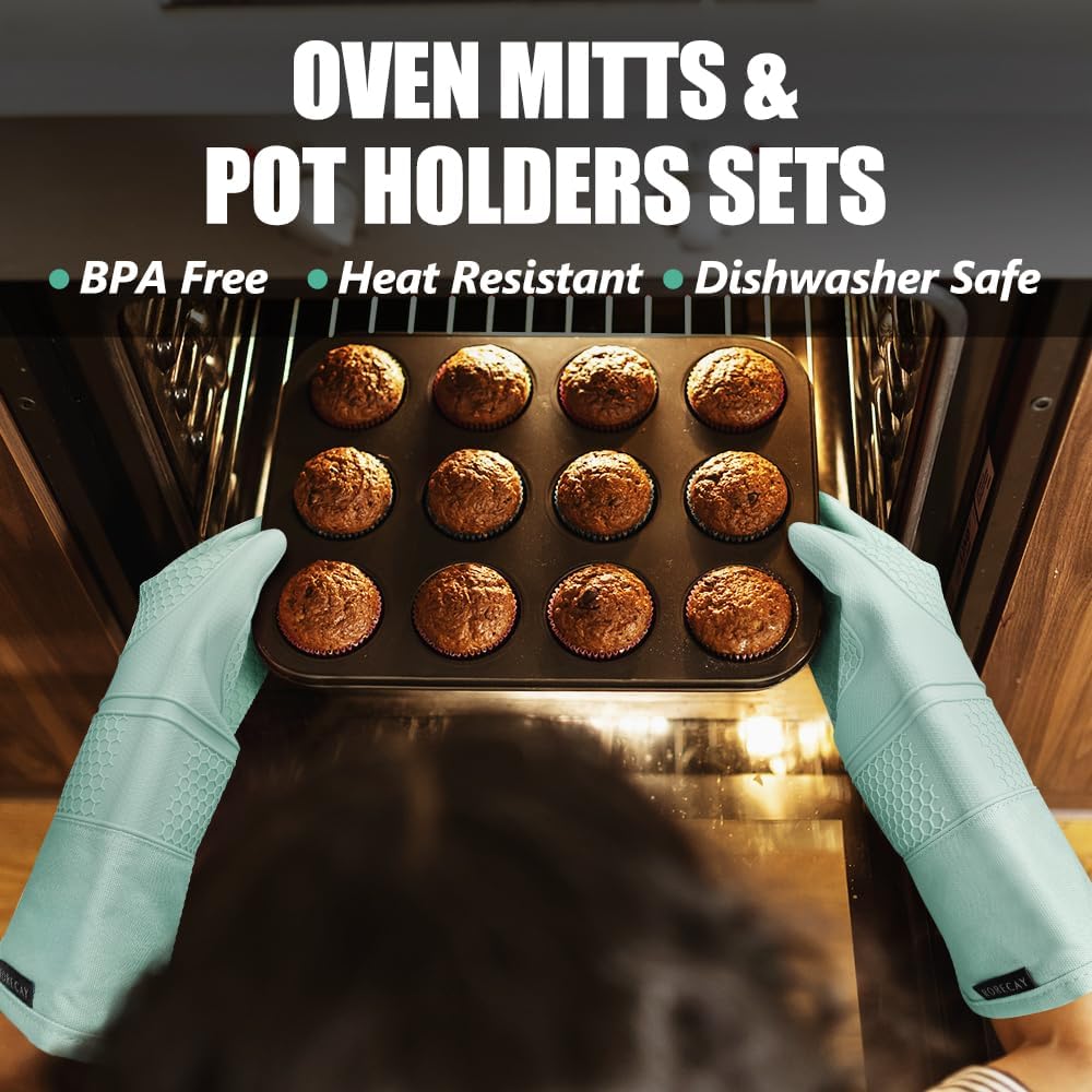 Rorecay 6pcs Oven Mitts and Pot Holders Sets Heat Resistant 500 Degrees, Extra Long Silicone Oven Gloves Non-Slip Potholders Hot Pads for Kitchen Baking Cooking, Quilted Liner, Bermuda Teal