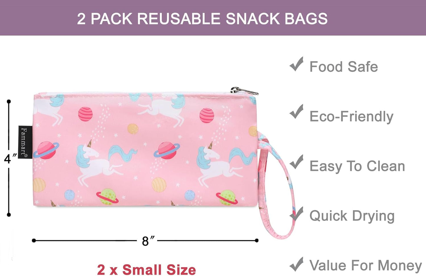 Reusable Sandwich Bag/Snack Bag for Kids & Adults, Dual Layer Lunch Bag with Handle, Washable, Food Safe, BPA Free (2-Pack, Planet Unicorn)