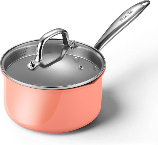 2 qt Nonstick Sauce Pan with Lid, Ceramic Saucepan Small Cooking Pot Non Toxic, PTFE & PFOA Free - Oven Safe & Compatible with All Stovetops (Gas, Electric & Induction)-Perracotta