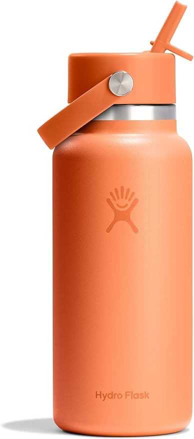 Hydro Flask Water Bottle - Insulated Stainless Steel - Wide Mouth Flex Straw Lid, Non Spill, Leakproof and Refillable in 32 Oz Nectar Orange