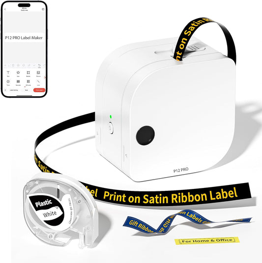 Phomemo P12 PRO Label Maker Machine with Tape, Mini Bluetooth Portable Thermal Labelmaker for School, Office, Organizing, Kitchen, Wireless Small Label Makers with Multiple Templates, White