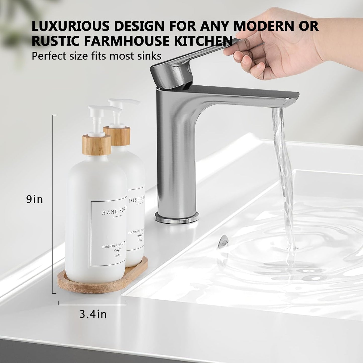 White Glass Soap Dispenser - Hand Dish Soap Dispenser Set for Kitchen, Bathroom with Sturdy Pump and Tray, 14 Waterproof Labels,Refillable Soap Lotion Dispenser-White