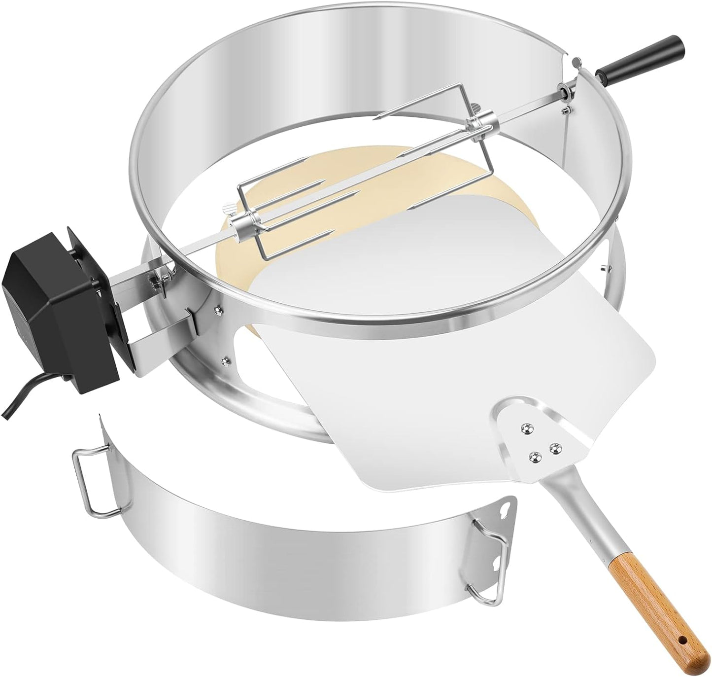 only fire Stainless Steel Multi-Purpose Rotisserie and Pizza Combo Kit for Weber 18" and Other Similar Kettle Grills - Include Pizza Peel and Pizza Stone