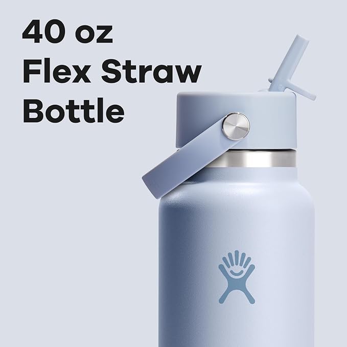 Hydro Flask Water Bottle - Insulated Stainless Steel - Wide Mouth Flex Straw Lid, Non Spill, Leakproof and Refillable in 40 Oz Surf Blue