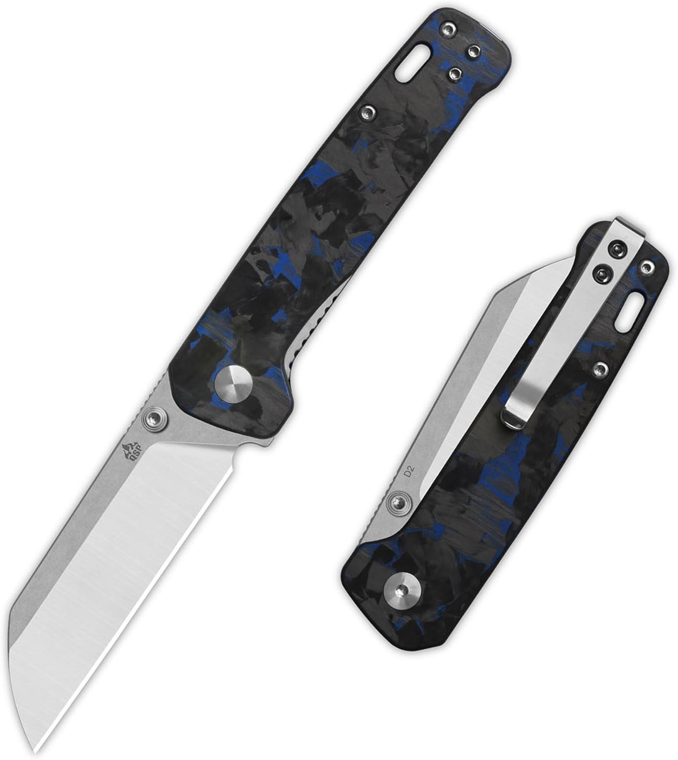 QSP Penguin V2 Folding Pocket Knife, 3.06" D2 Two Tone Finish Stonewash Satin Blade EDC Knife, Blue Shredded CF Overlay G10 Handle, Liner Lock, Ceramic Ball Bearings, Reversible SS Deep Carry Clip