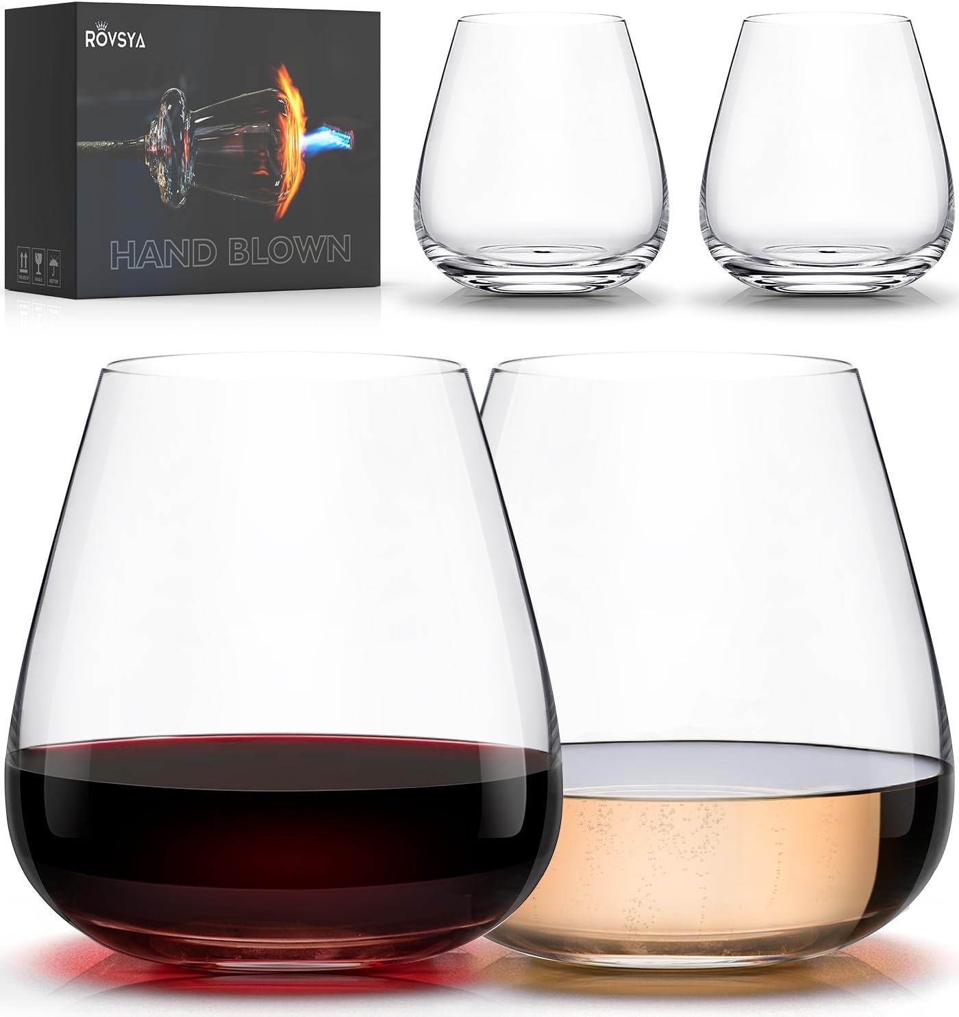 LUNA & MANTHA Stemless Wine Glasses Set of 4(17oz),Hand Blown Crystal for Red & White Wine, Ideal for Daily Use & Special Occasions,|Perfect Gifts for Men, Women