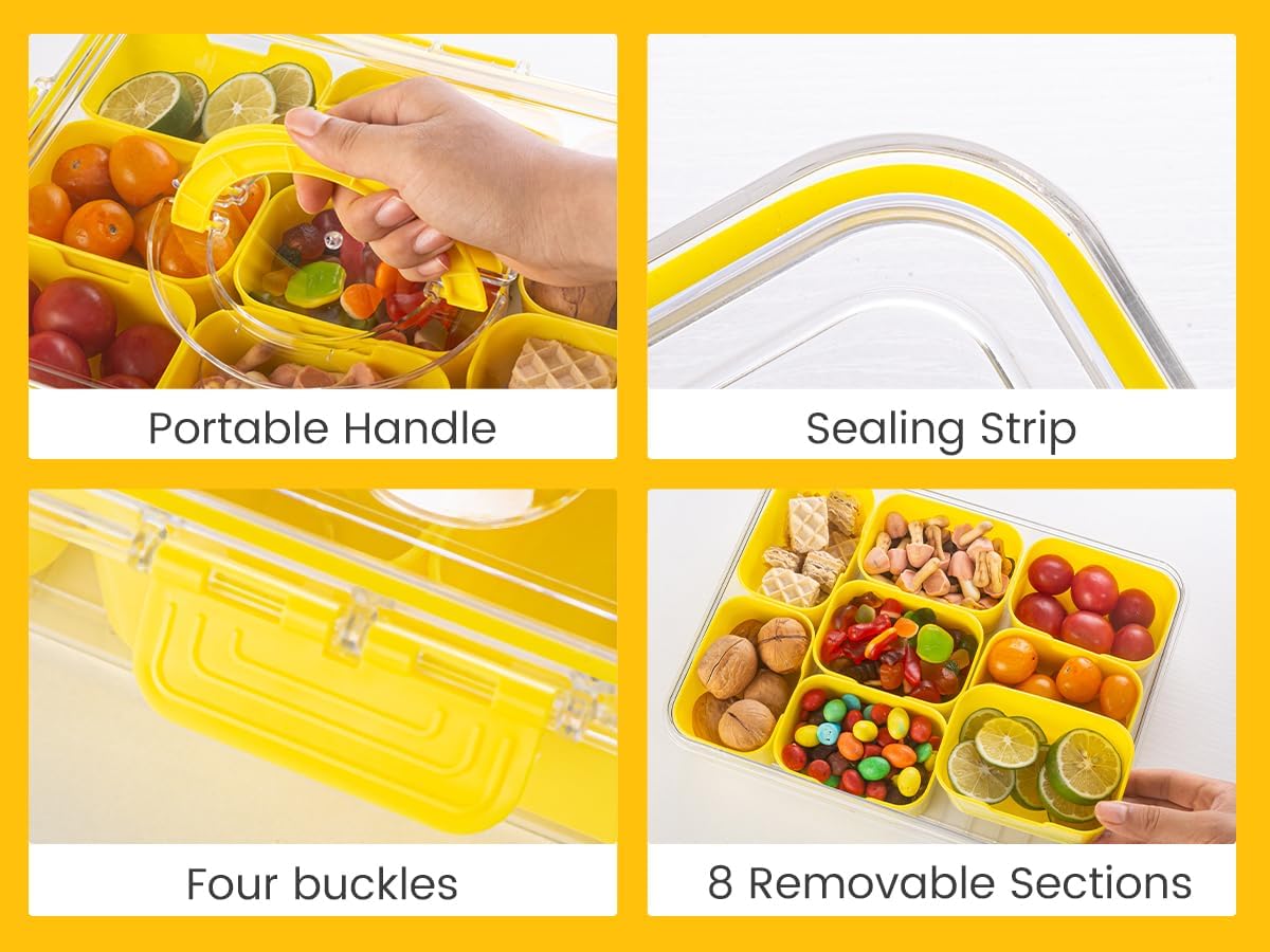Divided Serving Tray with Lid and Handle - Snackle Box Charcuterie Container for Portable Snack Platters Organizer for Candy, Fruits, Nuts, Snacks - Perfect for Party, Entertaining, Yellow