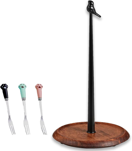 Wooden Cute Bird Shaped Countertop Paper Towel Holder, Solid Wood Base with Iron Rod, with Non-Slip Pad, Stable and Durable, Suitable for Kitchen, Dining Table and Home Decoration (Black-3)