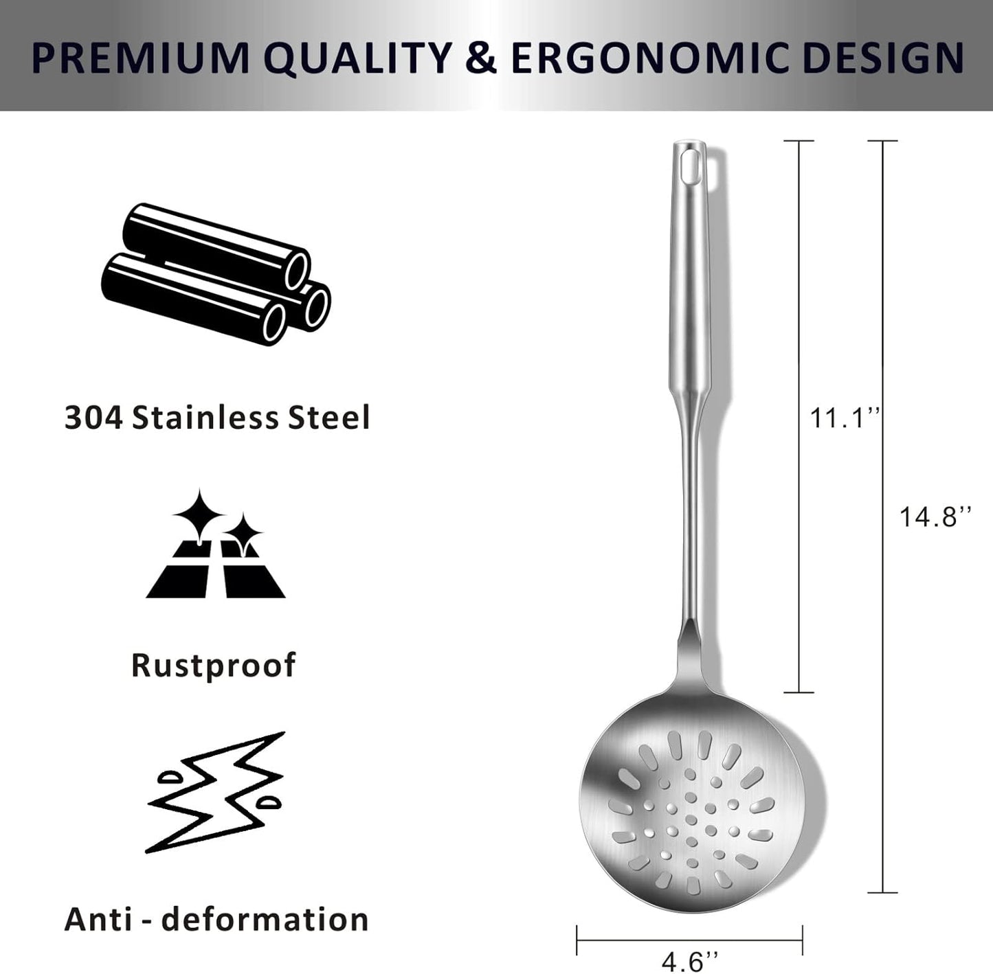 Yimi Cooking Skimmer Slotted Spoon, Durable 304 Stainless Steel Frying Strainer Ladle with Vacuum Ergonomic Handle, Heat Resistance Fryer Scoop Kitchen Utensil, Ideal for Gift, 14.8 Inches